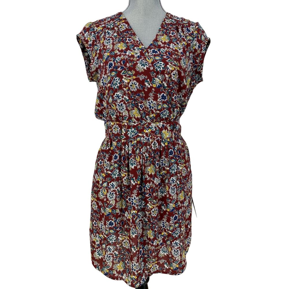NWT DR2 Burgundy Floral Surplice V Neck Cap Sleeve Mini Dress Pockets Size 6